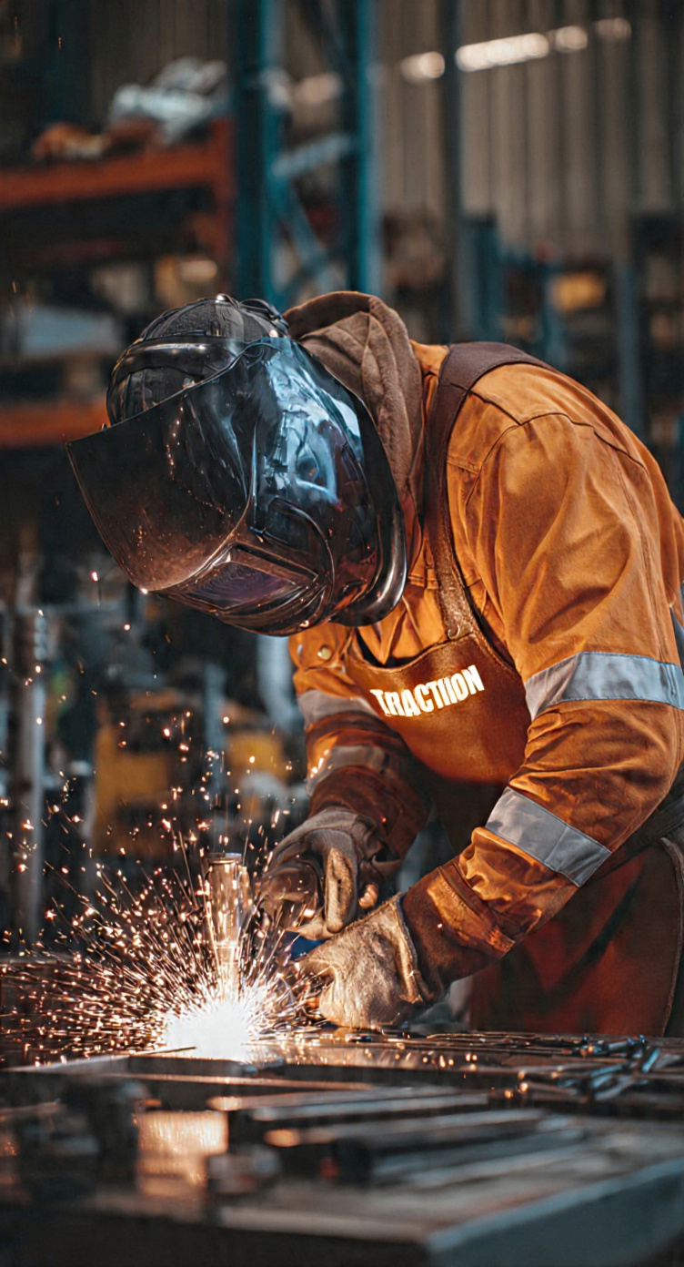 Traction welder fabricating steel in the workshop